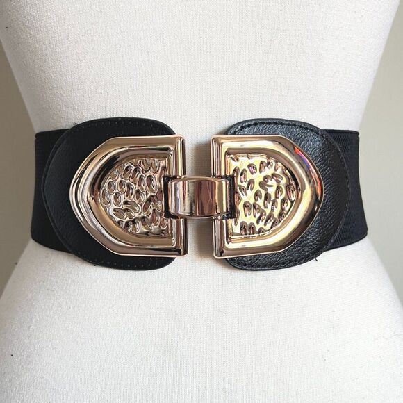 Wide Black Stretch Belt with Gold Buckle – Statement Waist Cincher - Picture 1 of 2